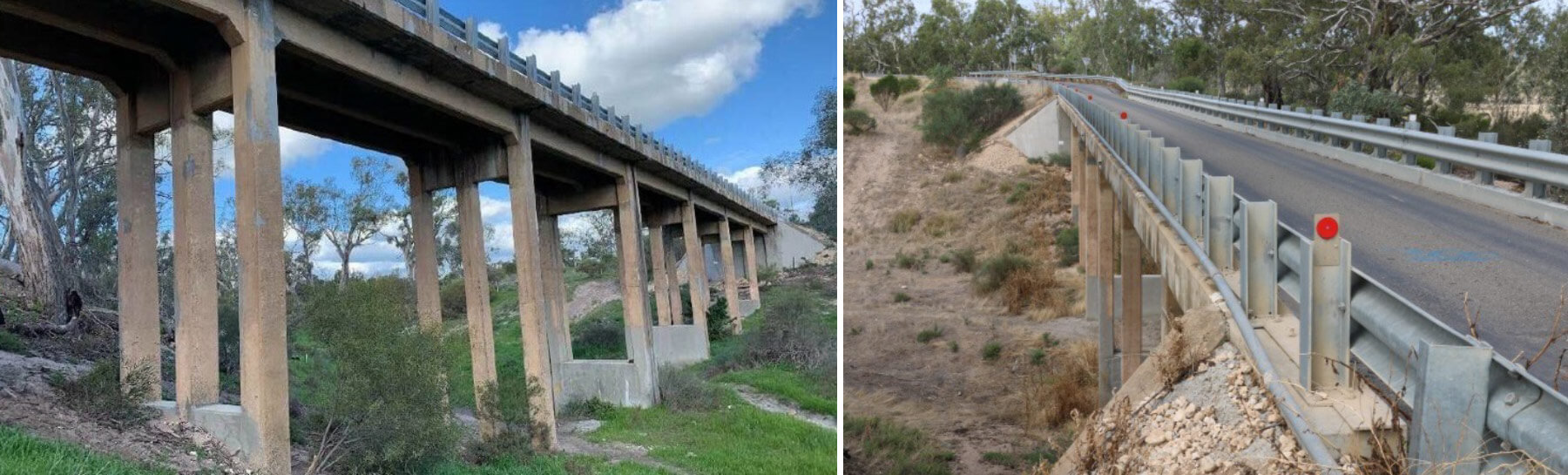 Two photos side by side of an old concrete bridge before it was replaced. The bridge has tall pillars and a narrow one lane road across it.