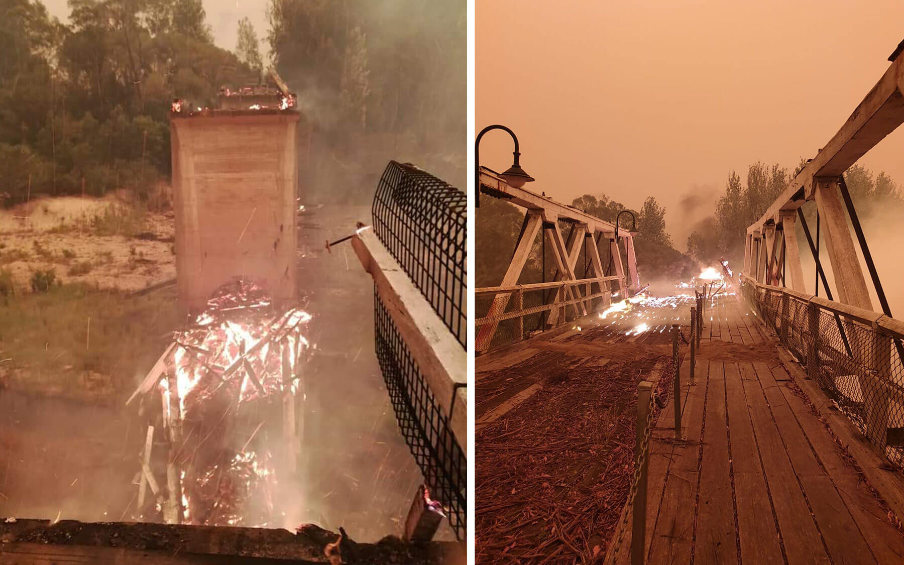 Two photos side by side of during a bushfire, and a historical bridge on fire and burning down.