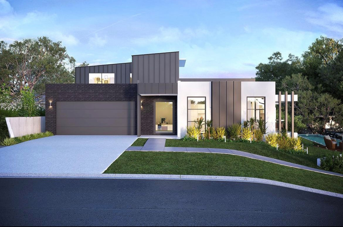 Artists rendering of a two storey house design, showing the facade of different colour grey and charcoal metal panels, concrete walls and large windows with black frames. There is a large garage and concrete driveway on the right side. There is a garden in the foreground and the land slopes down on the right side, with an in-ground pool set amongst garden in the lower part of the yard.