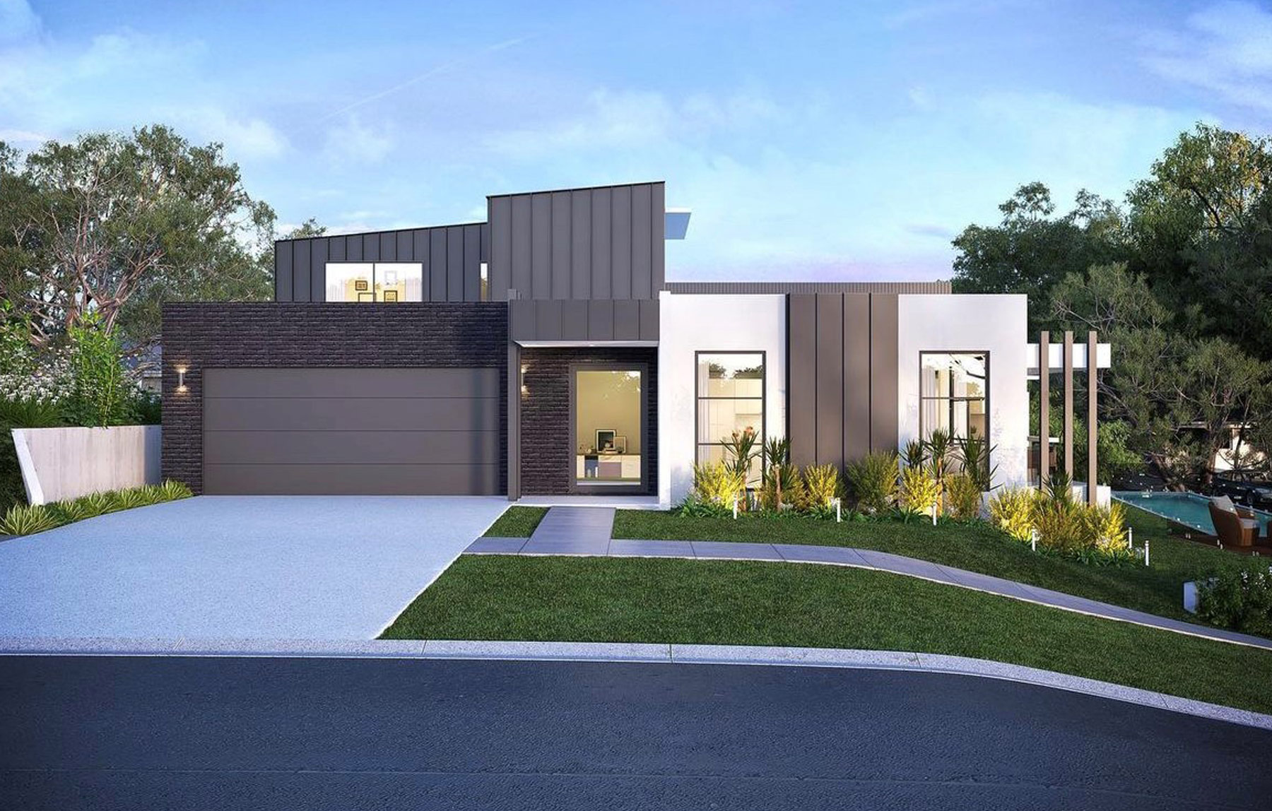 Chris-obrien-structural-house Artists rendering of a two storey house design, showing the facade of different colour grey and charcoal metal panels, concrete walls and large windows with black frames. There is a large garage and concrete driveway on the right side. There is a garden in the foreground and the land slopes down on the right side, with an in-ground pool set amongst garden in the lower part of the yard.
