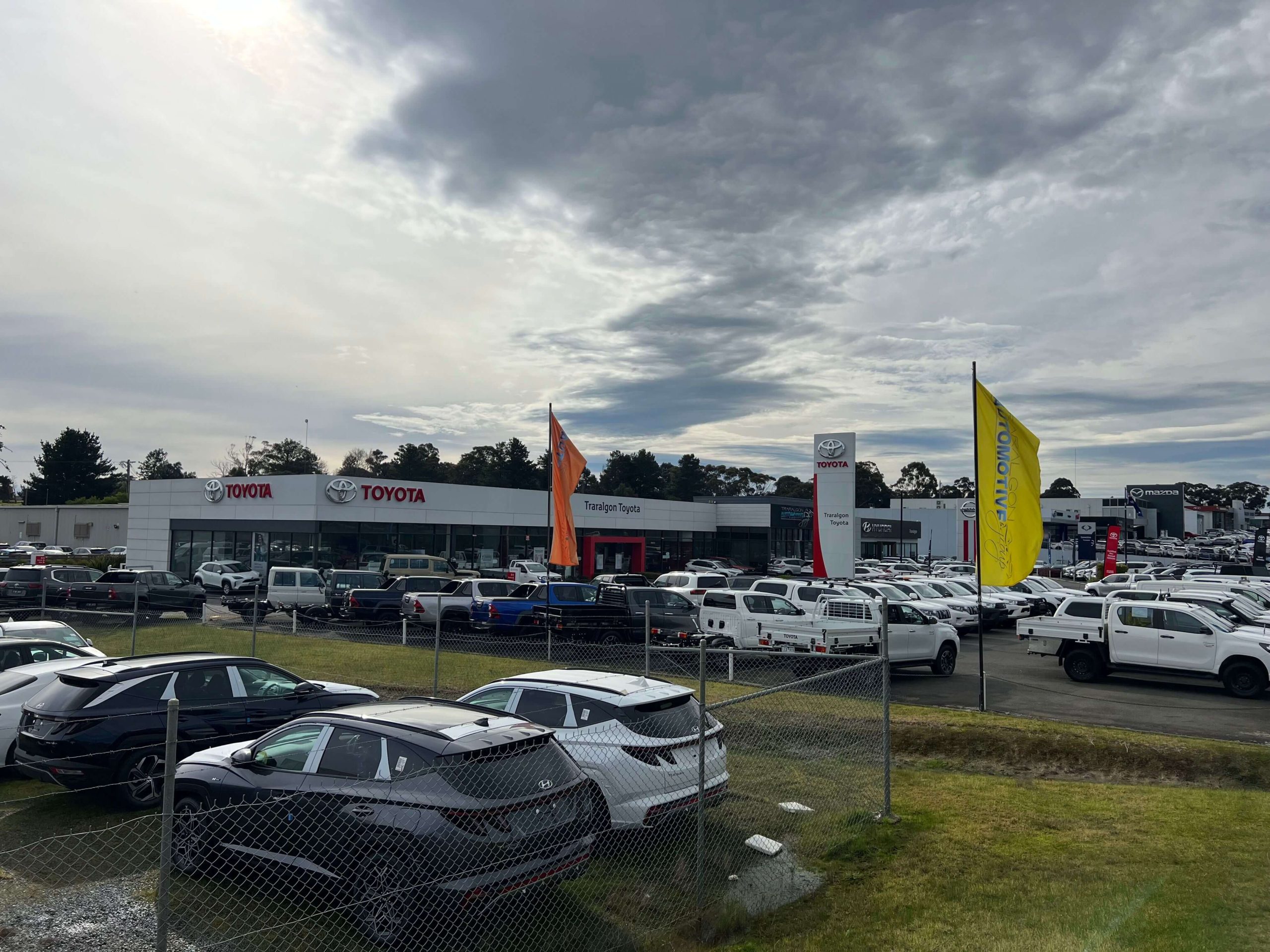 Photo of a large car yard with many cars in the foreground, then the car yard building in the centre and trees and sky behind them. There are some large promotional flags in the car yard.