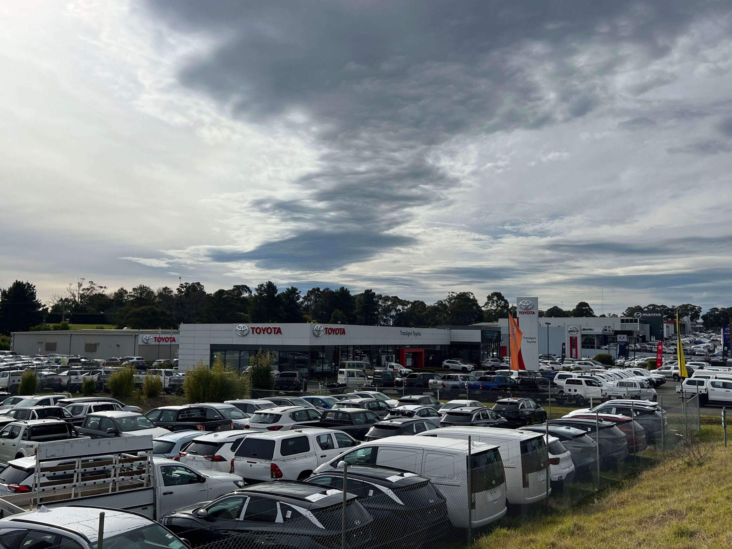 Photo of a large car yard with many cars in the foreground, then the car yard building in the centre and trees and sky behind them.