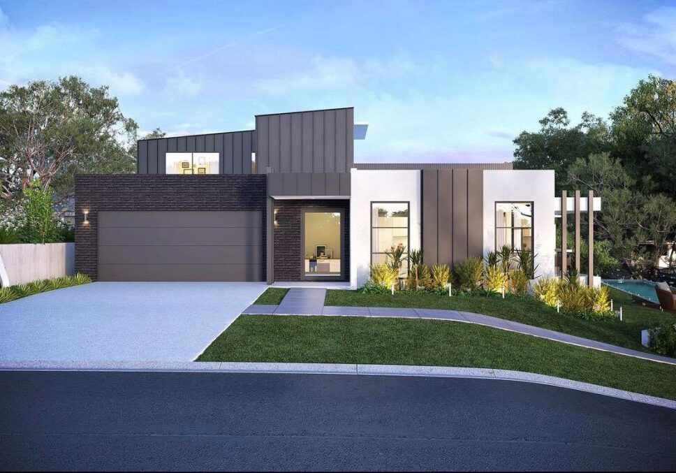 Artists rendering of a two storey house design, showing the facade of different colour grey and charcoal metal panels, concrete walls and large windows with black frames. There is a large garage and concrete driveway on the right side. There is a garden in the foreground and the land slopes down on the right side, with an in-ground pool set amongst garden in the lower part of the yard.